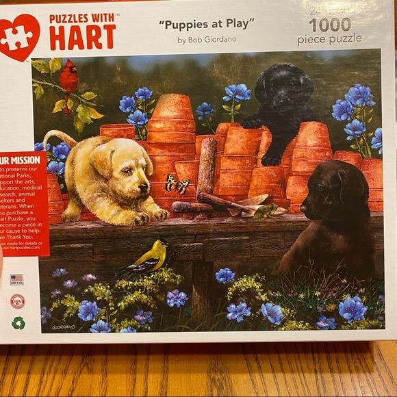 Hart Puzzles 1000 Piece Jigsaw Puzzle Puppies at Play Flowers Garden Butterflies - Picture 3 of 6